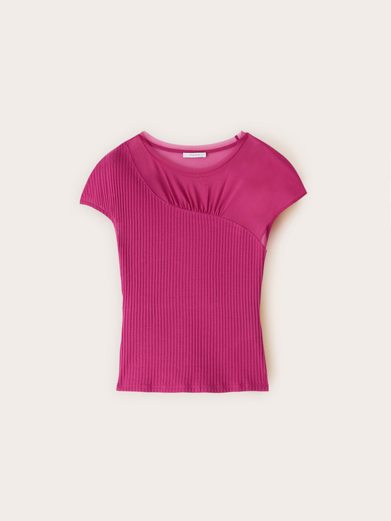 T-shirt bimaterica con inserto drappeggiato