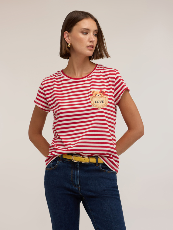 T-shirt a righe con applicazione orsetto