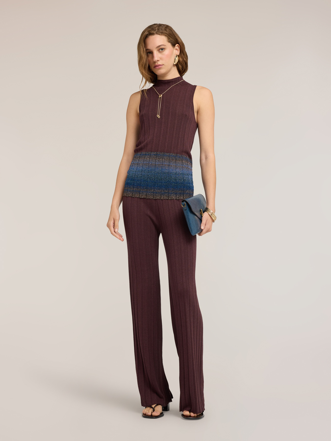 Pantaloni palazzo pliss&eacute; in maglia di viscosa lurex image number 0