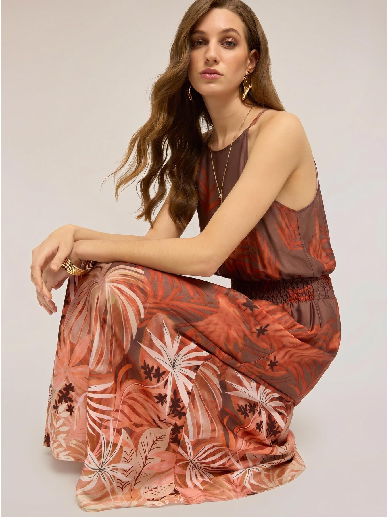 Vestito lungo in raso con stampa tropicale image number 3