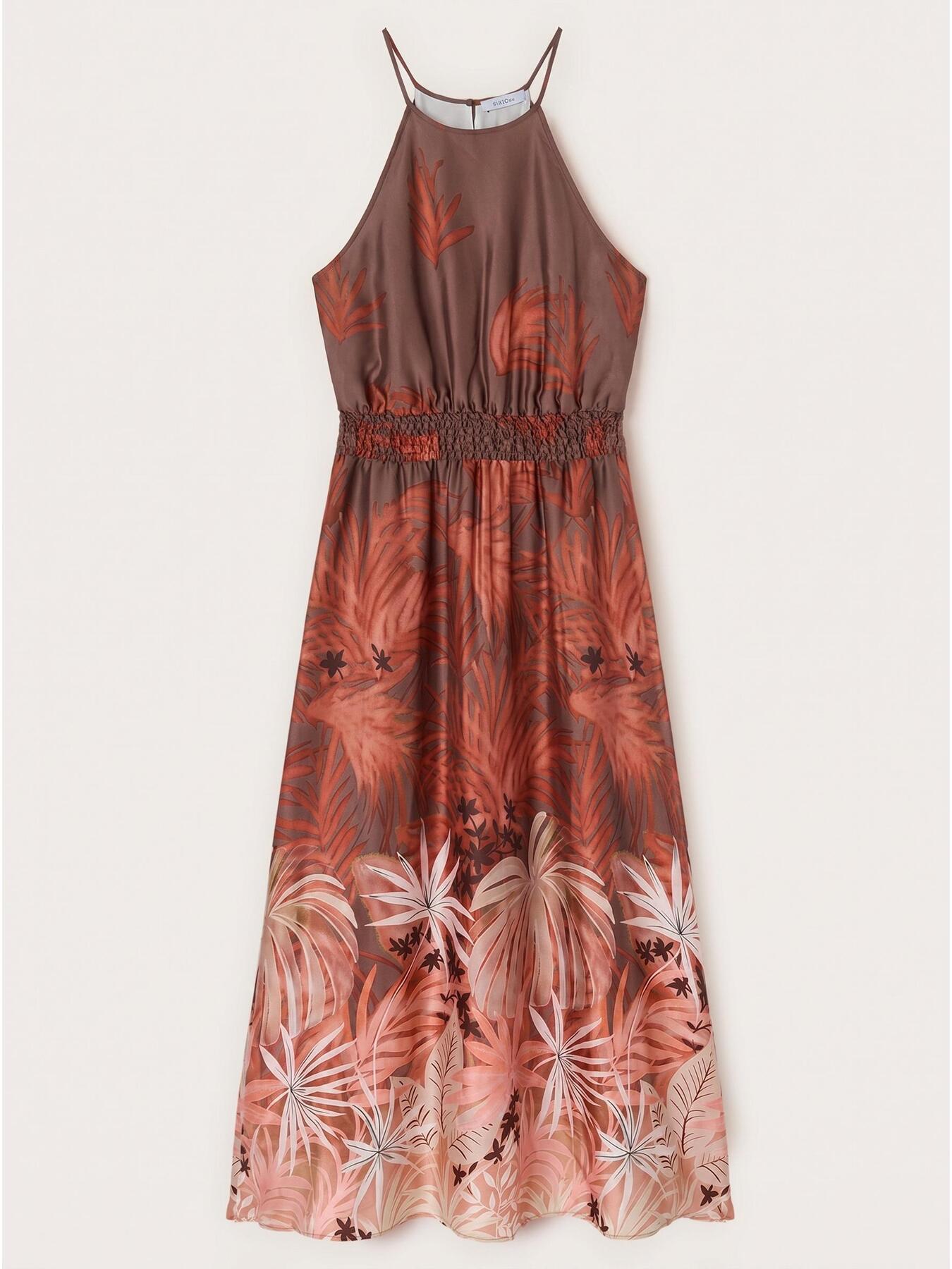 Vestito lungo in raso con stampa tropicale image number 4