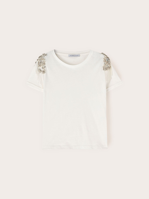 T-shirt con ricami crystal sulle spalle
