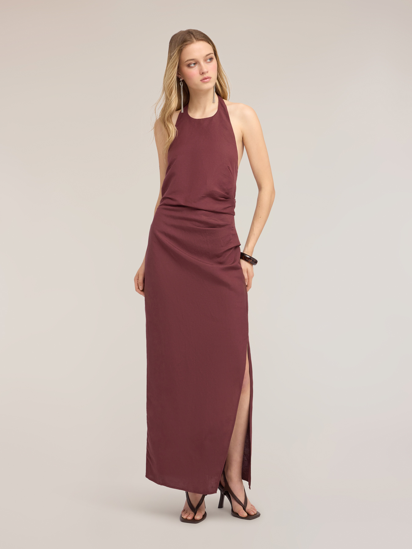 Vestito lungo in misto lino con drappeggio image number 2