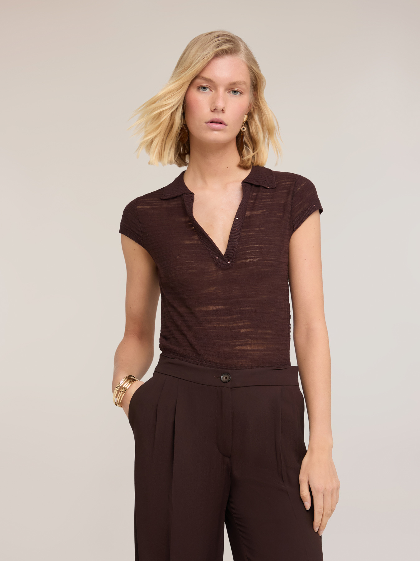 Polo in maglia con bordi in paillettes image number 0
