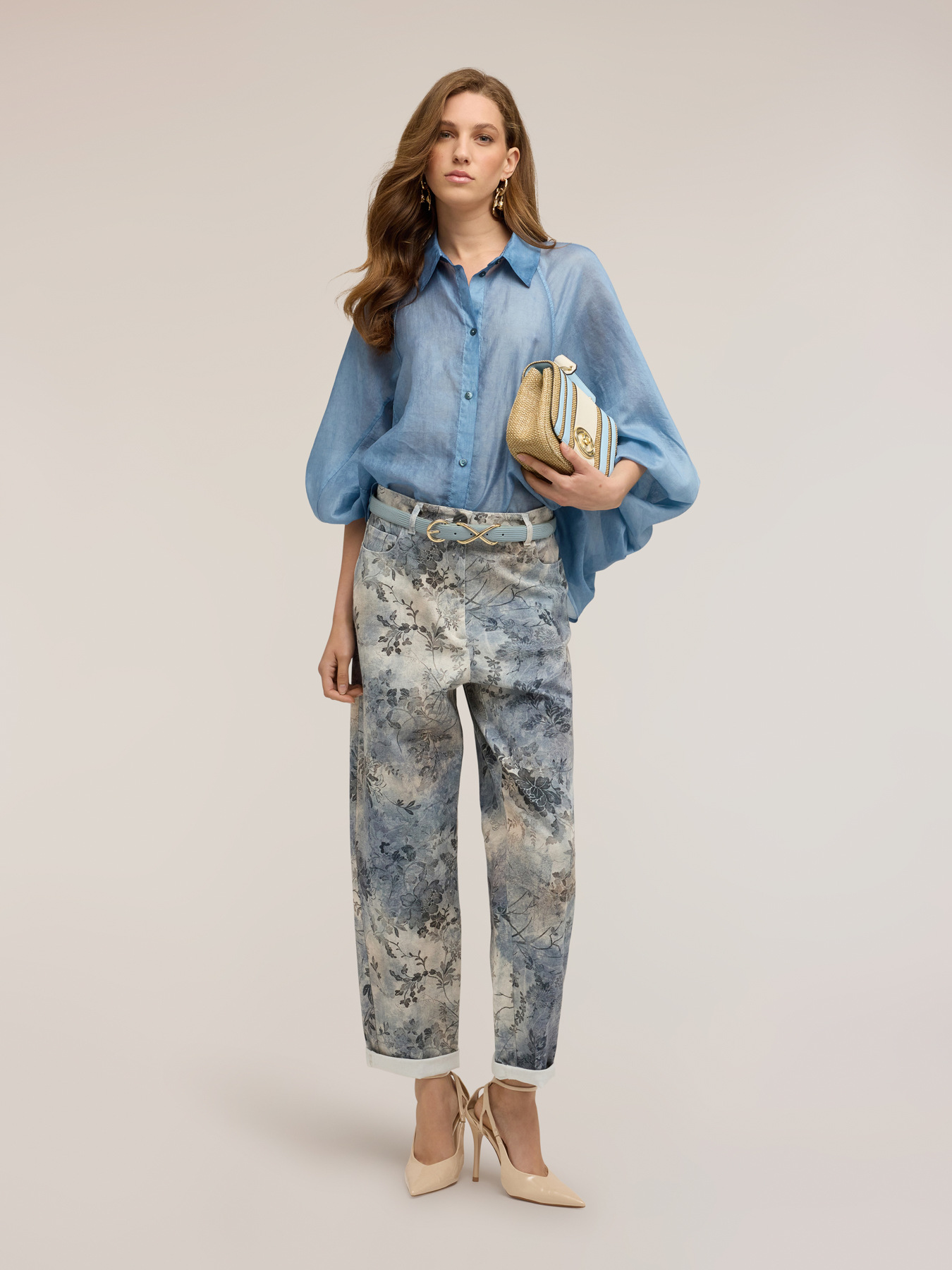 Pantaloni boyfit in drill di cotone stampato image number 0