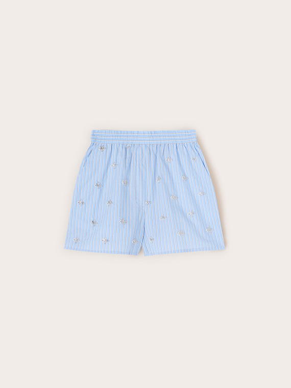 Shorts in popeline a righe con ricami gioiello