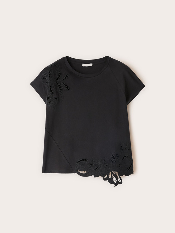 T-shirt in jersey con ricami sangallo
