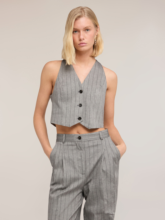 Top gilet gessato in misto lino