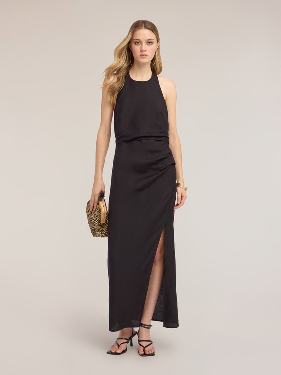 Vestito lungo in misto lino con drappeggio