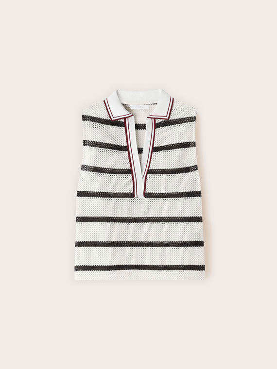 Top in maglia ajour&eacute; a righe con colletto polo
