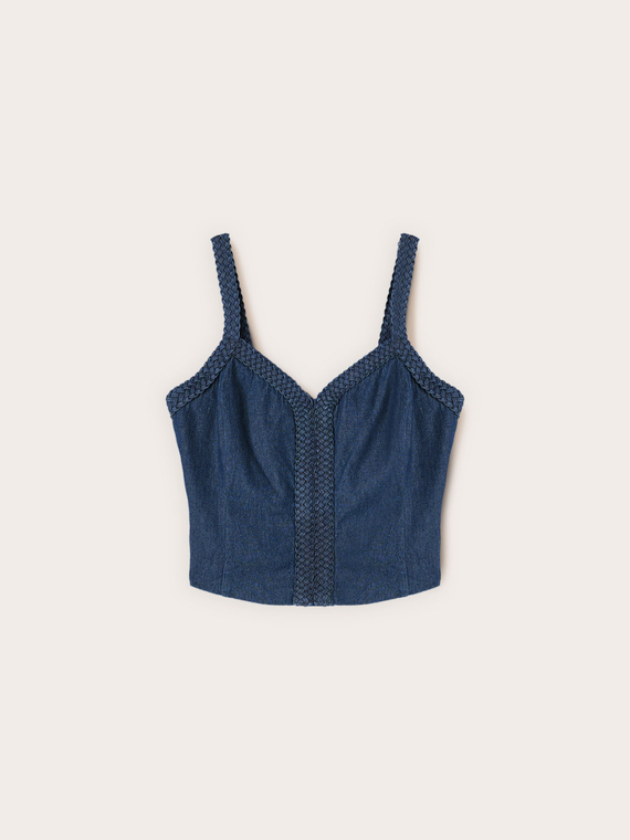 Top in denim con spalline ad intreccio