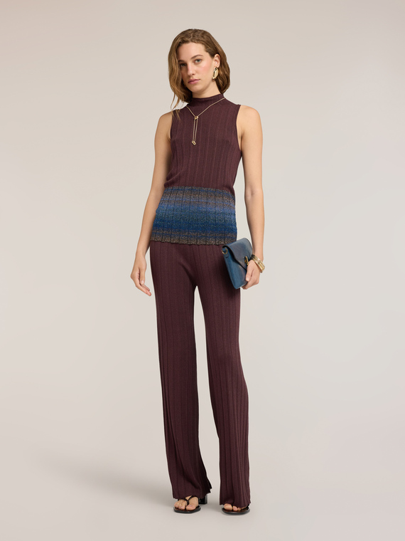 Pantaloni palazzo pliss&eacute; in maglia di viscosa lurex