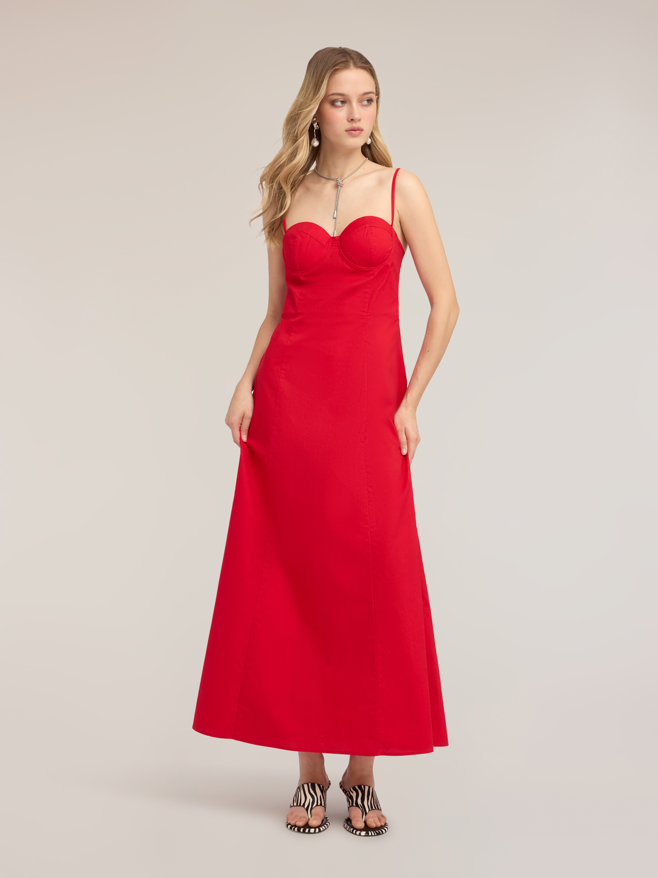 Vestito lungo a linea A in popeline con bustier image number 2