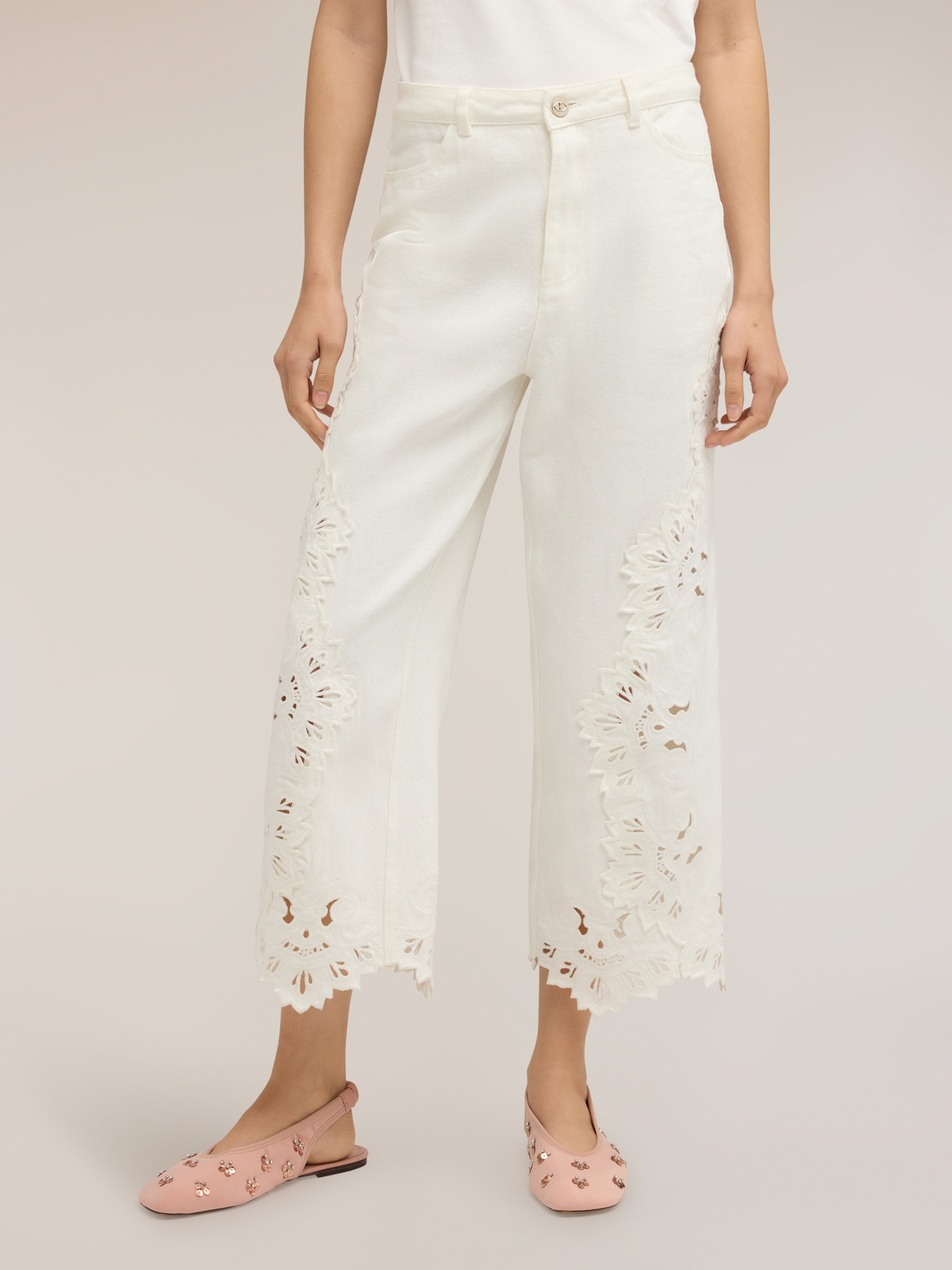 Pantaloni cropped con ricami sangallo image number 2