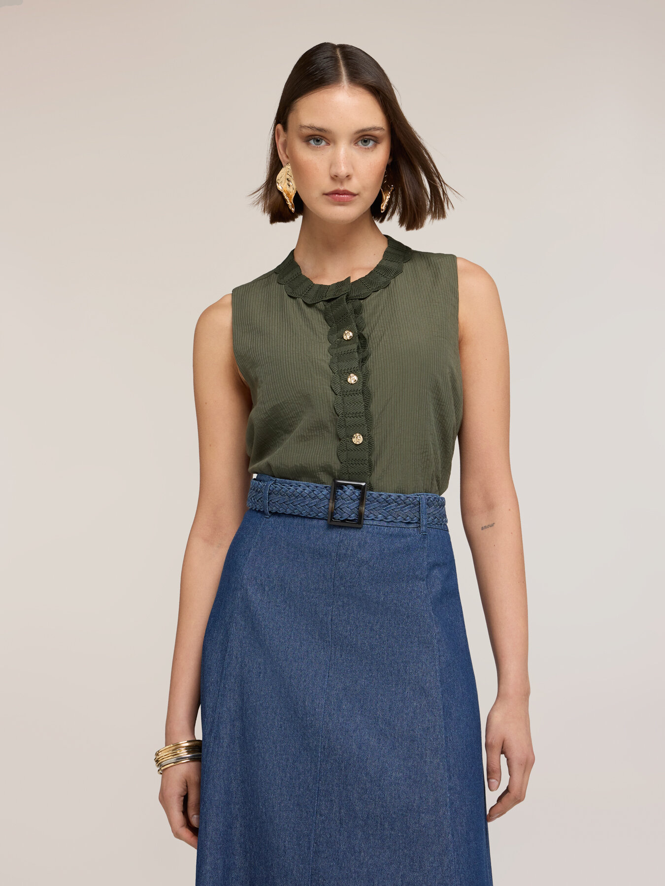 Top misto lyocell con bordi in maglia image number 0