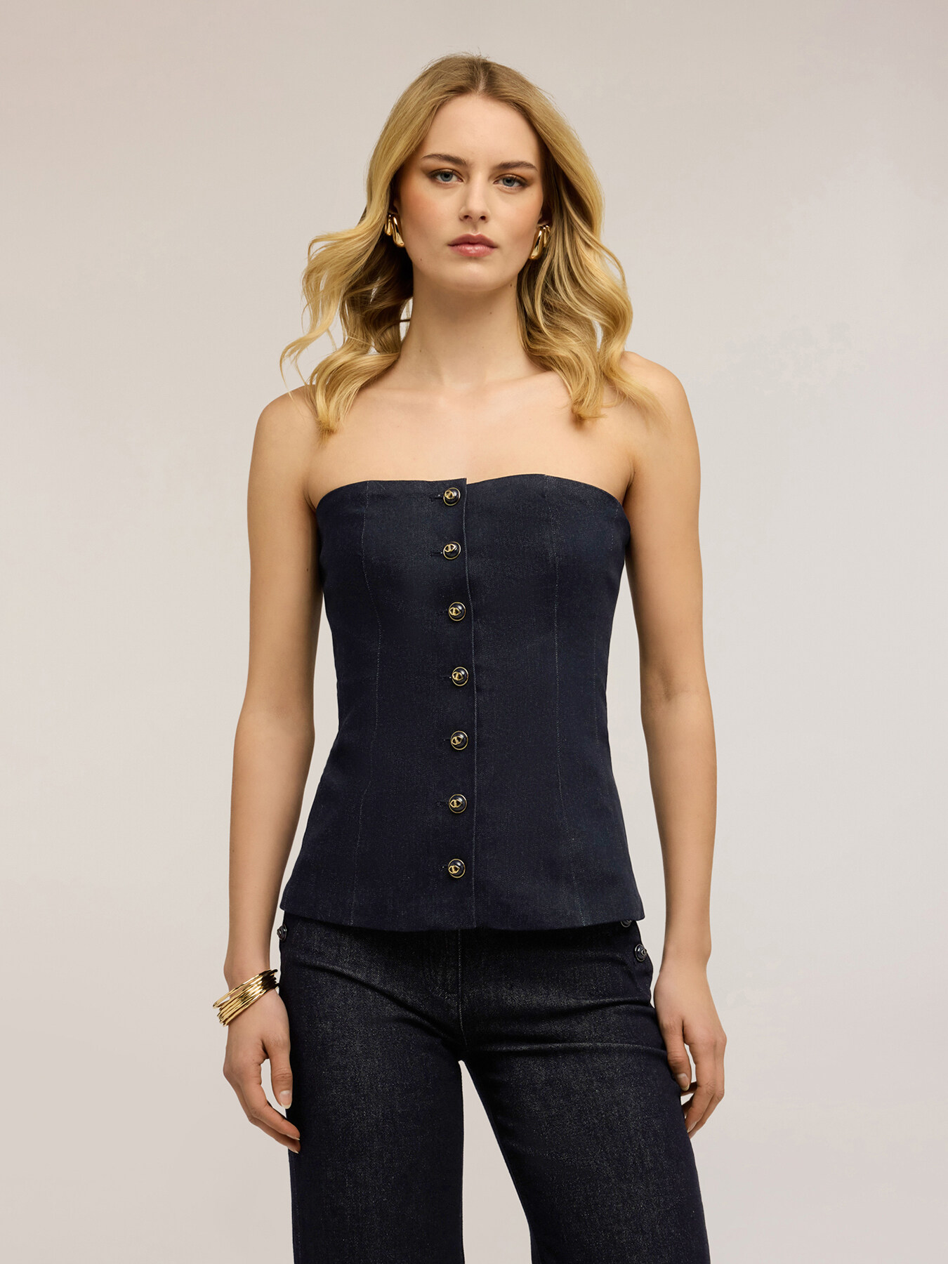 Top bustier in denim con bottoni image number 0