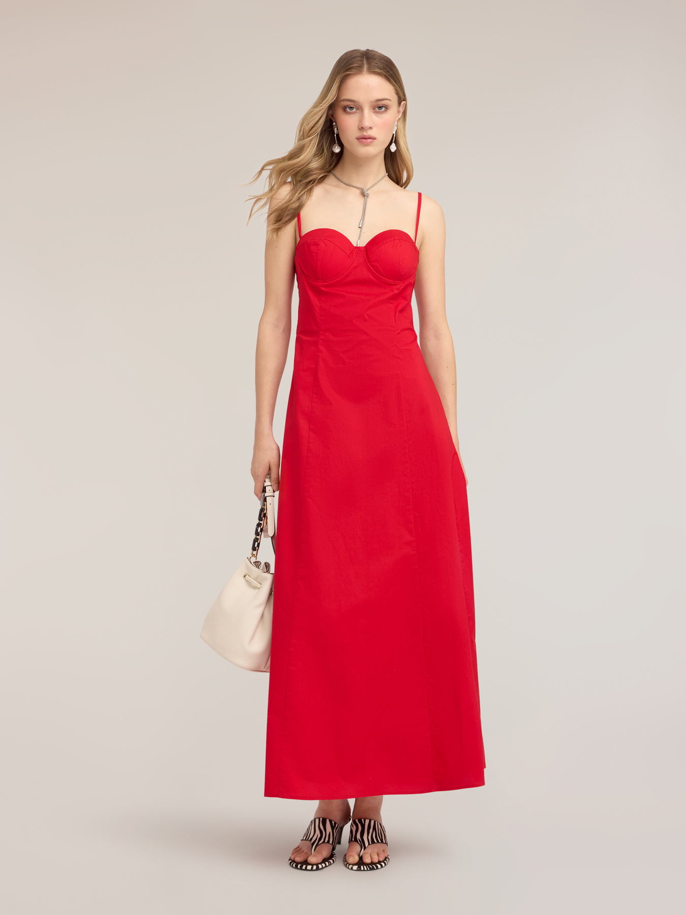 Vestito lungo a linea A in popeline con bustier image number 0