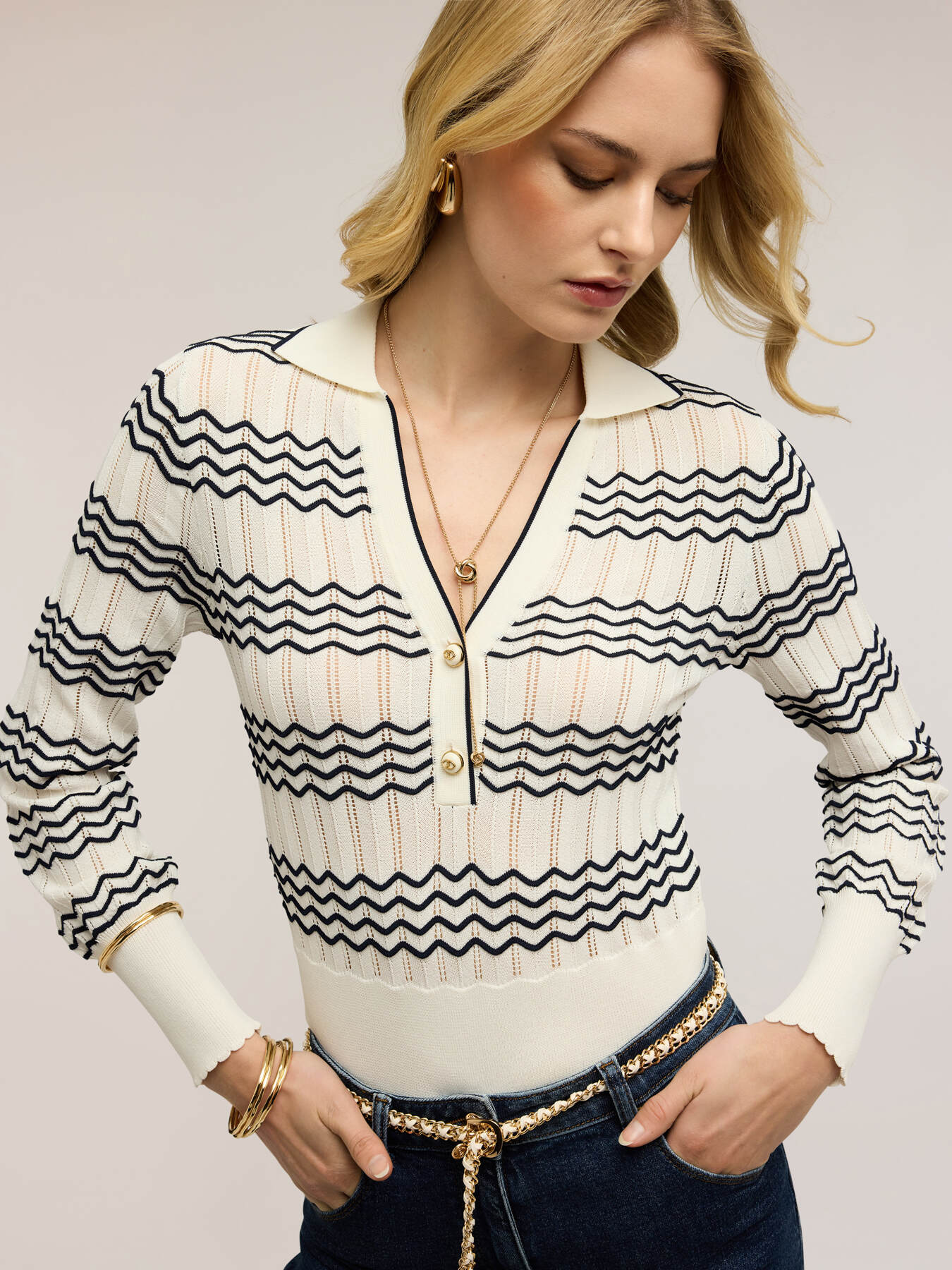 Polo in maglia fine a righe chevron image number 0