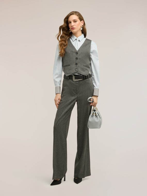 Pantaloni palazzo gessati con micro paillettes