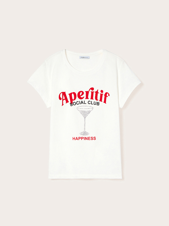 T-shirt con stampa e applicazioni di strass