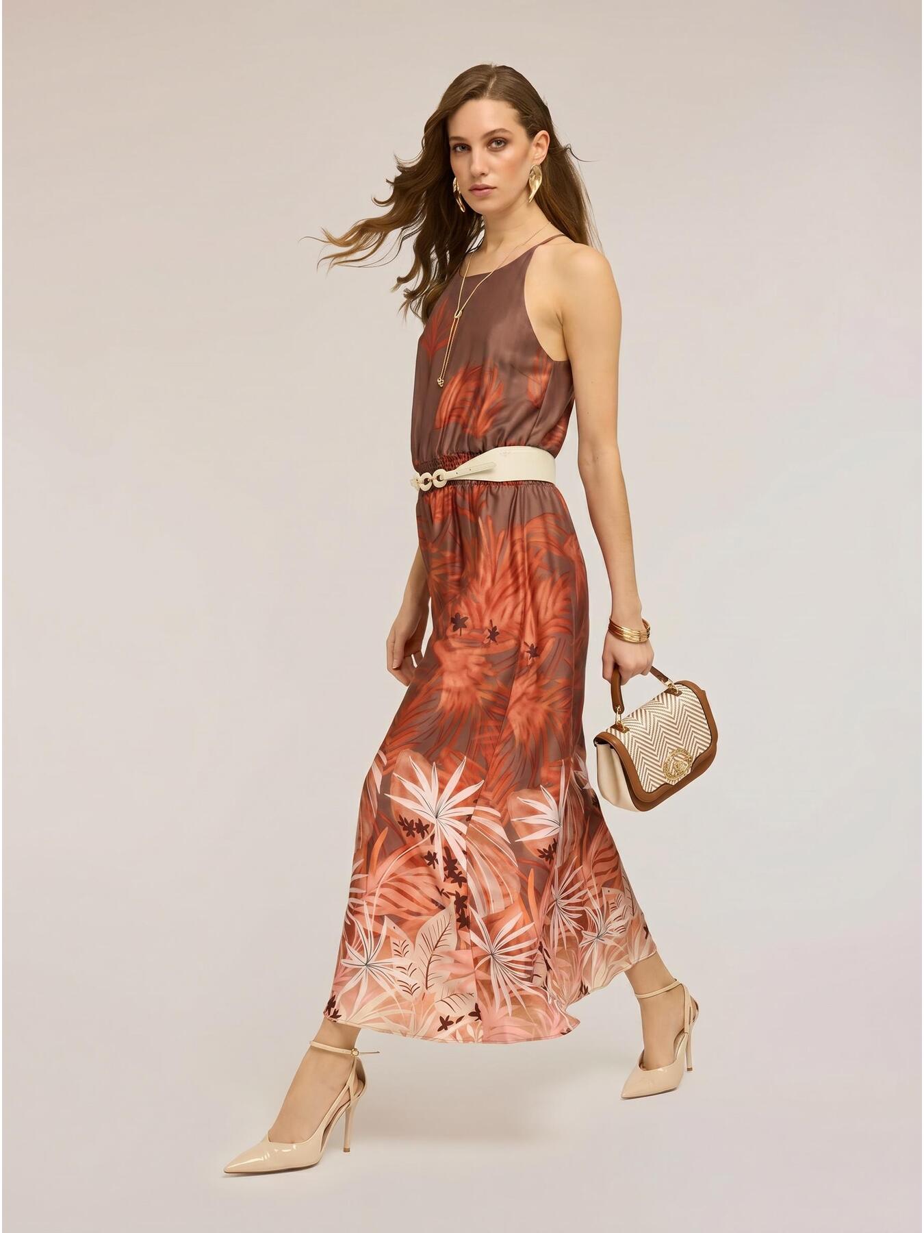 Vestito lungo in raso con stampa tropicale image number 2