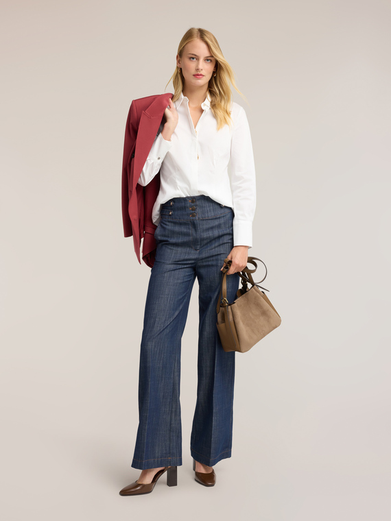 Jeans palazzo in denim a vita alta con piega