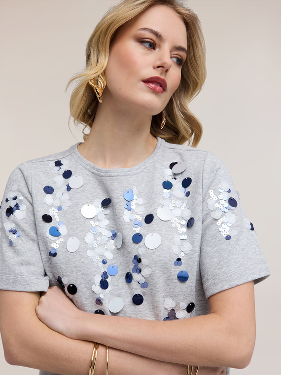 Felpa corta in jersey con maxi paillettes