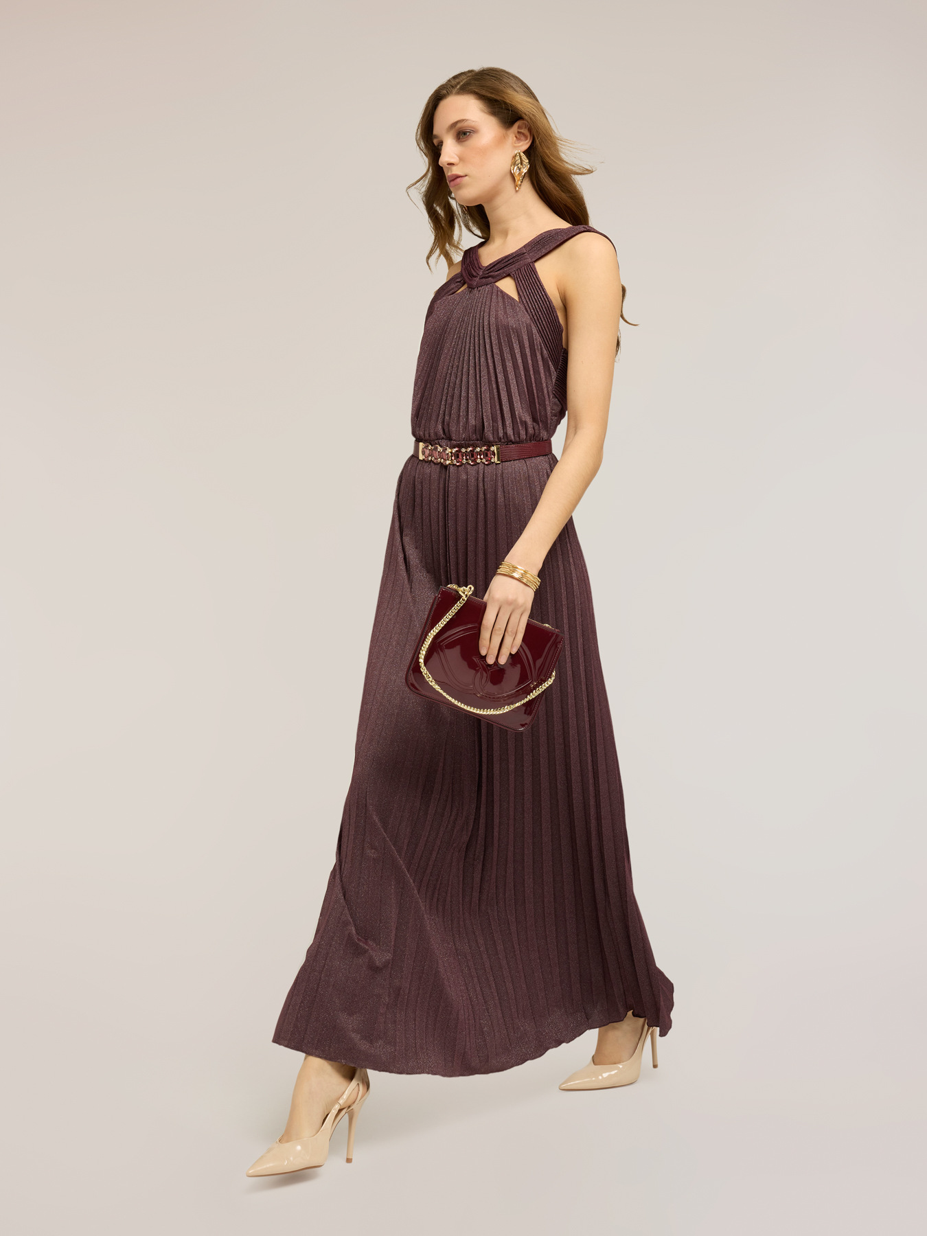 Vestito lungo in jersey lurex pliss&eacute; image number 2