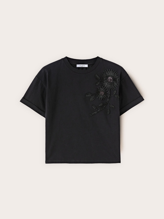 T-shirt in jersey con applicazioni floreali