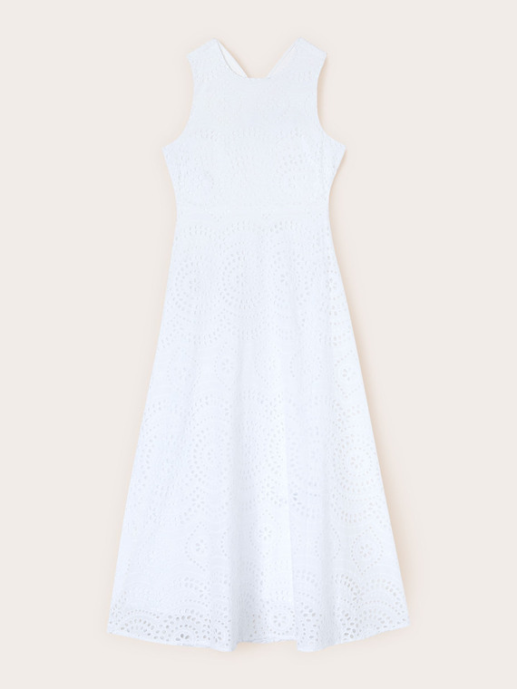 Vestito lungo in sangallo con scollatura posteriore