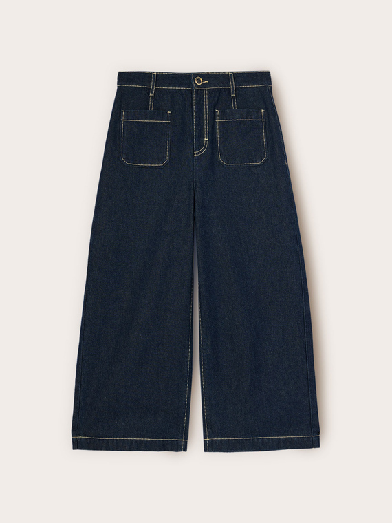 Jeans cropped wide leg con cuciture a contrasto