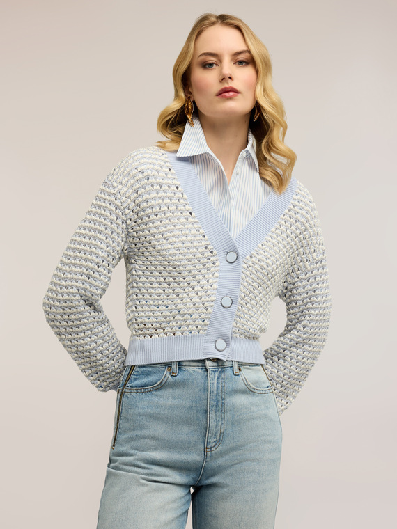 Cardigan corto in maglia lurex traforata