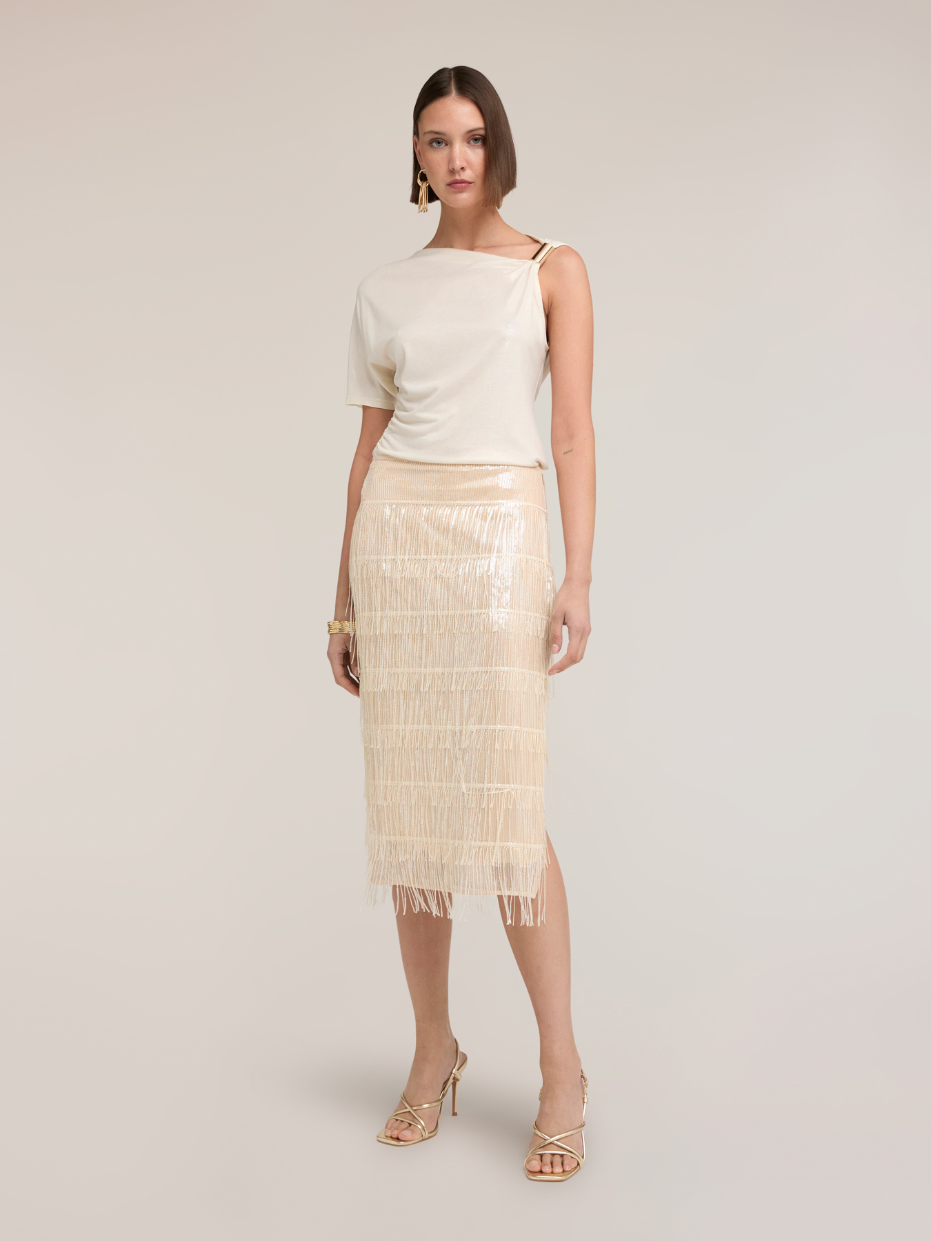 Gonna tubino in tulle con frange image number 0