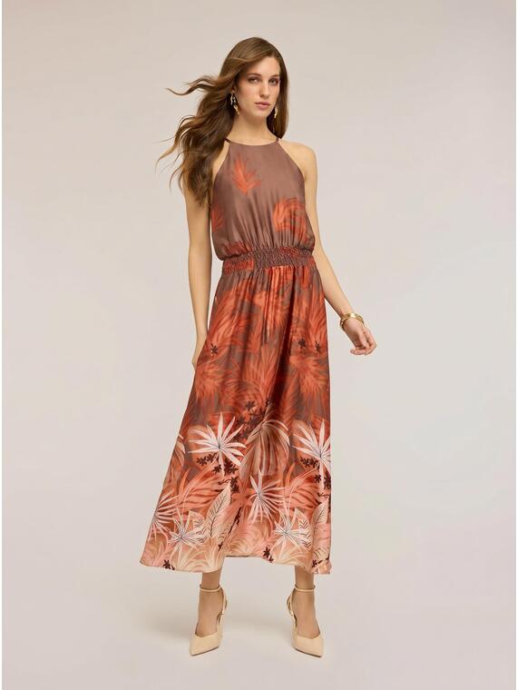 Vestito lungo in raso con stampa tropicale