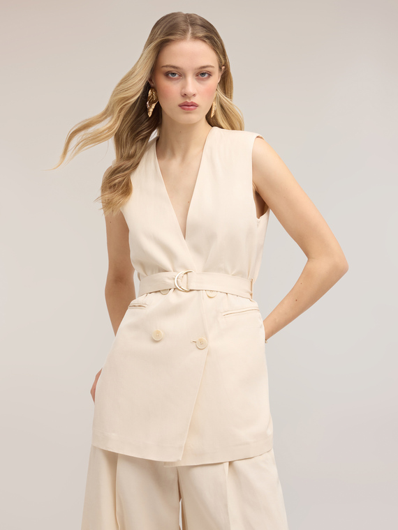 Gilet doppiopetto in misto lino con cintura