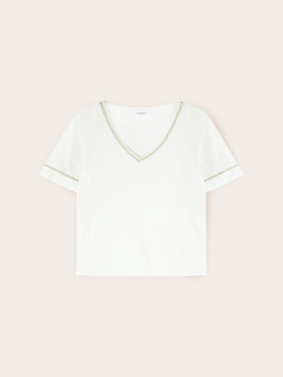 T-shirt in misto lino con profili color oro