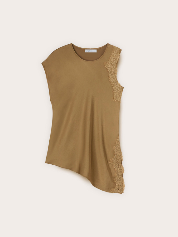 Blusa asimmetrica in raso con pizzo