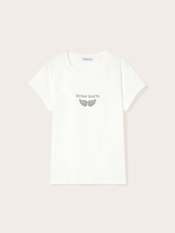 T-shirt con scritta e ali in strass