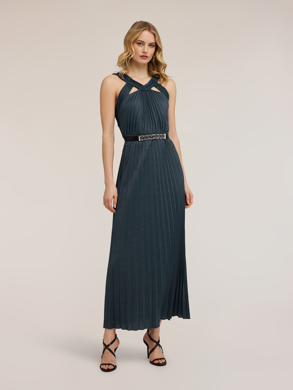 Vestito lungo in jersey lurex pliss&eacute;
