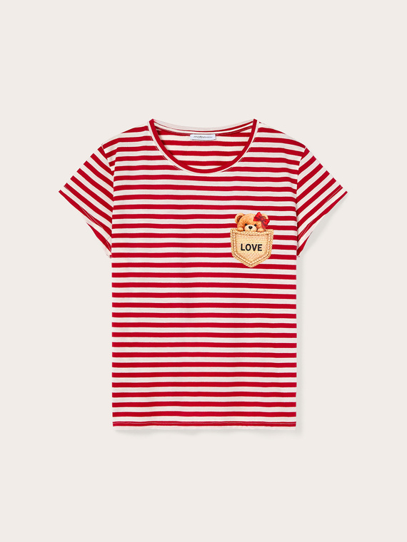 T-shirt a righe con applicazione orsetto
