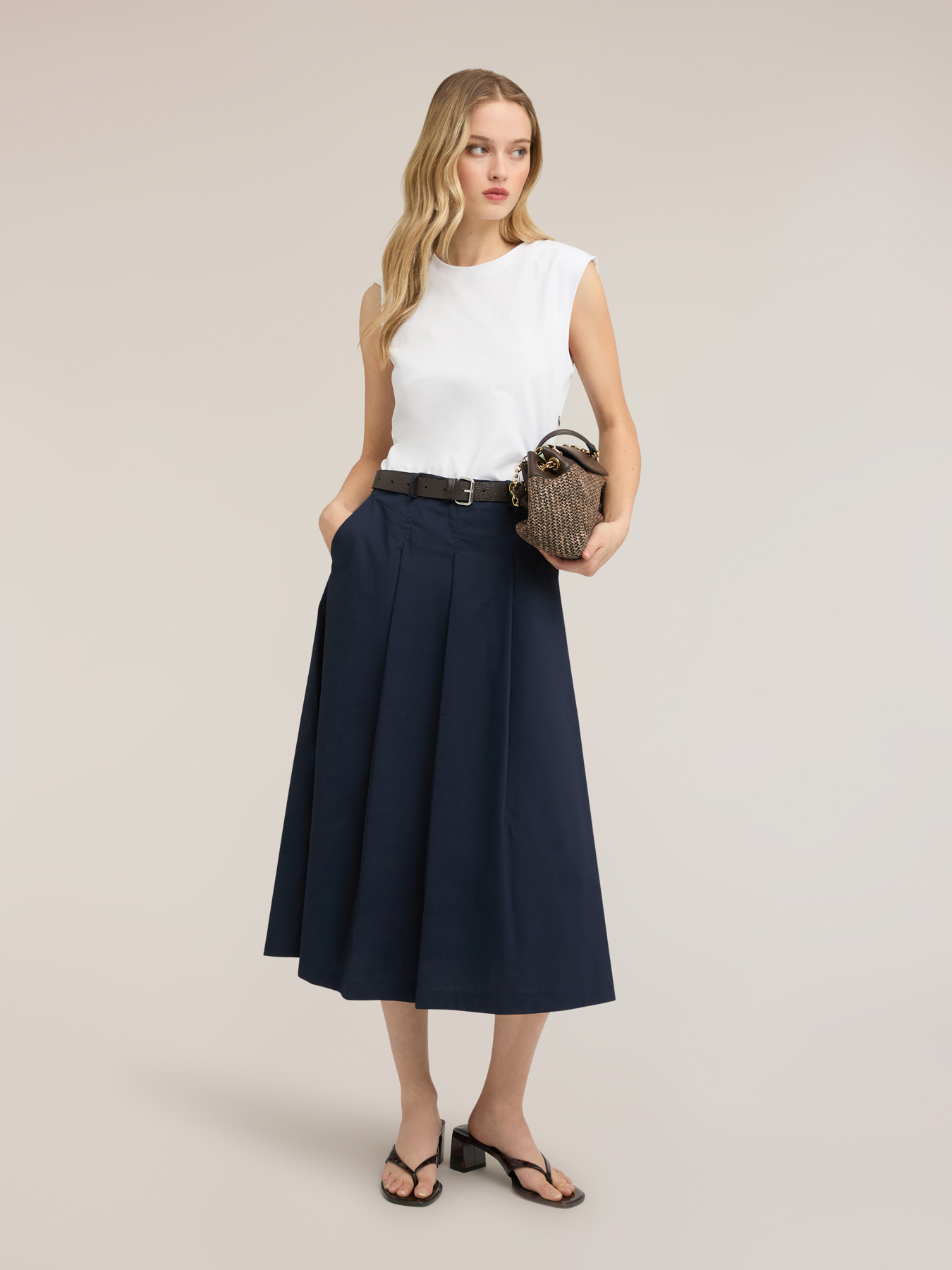 Vestito midi con cintura e gonna in popeline image number 0