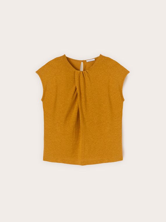 T-shirt in misto lino con drappeggio